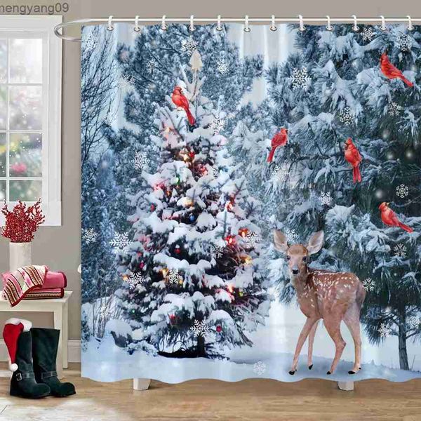 Cortinas de chuveiro tema de natal cortina de chuveiro neve árvore de natal cervos painel de madeira tecido lavável cortina de chuveiro decoração do banheiro r231114