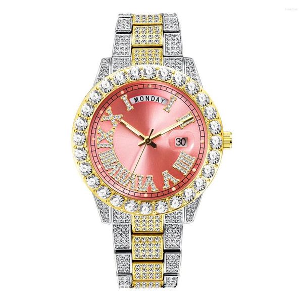 Orologi da polso 2023 Fashion Full Diamond Hip Hop con incorporamento orologio da uomo con calendario della settimana del fantasma dell'acqua