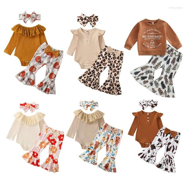 Set di abbigliamento Bambini Vestiti per bambina Pantaloni Autunno Inverno 2023 Tuta con maniche a costine Pantaloni a zampa leopardo/mucca