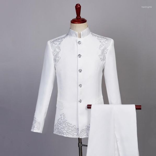 Herrenanzüge Blazer Männer Formelle Kleidung Neueste Mantel-Hose-Designs Chinesische Tunika-Anzug Stehkragen Masculino-Hosen-Hochzeit für Männer