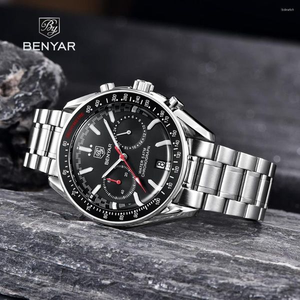 Нарученные часы Benyar Moon Mens Watches 2023 Top Automatic Quartz Watch для мужчин Хронограф спортивный водонепроницаемый