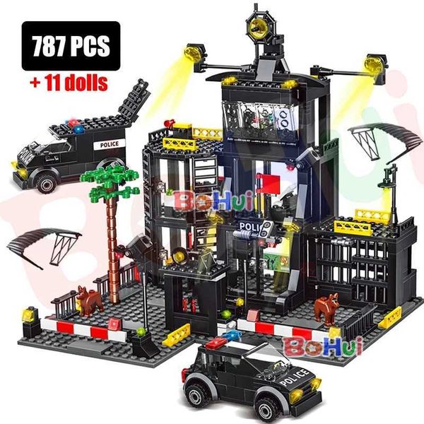Blöcke SWAT Polizeistation Militär Stadt Modell Set Gefängnis Auto Polizist Boot Figuren Bausteine DIY Spielzeug für Kinder Geburtstag Junge Geschenk L231114