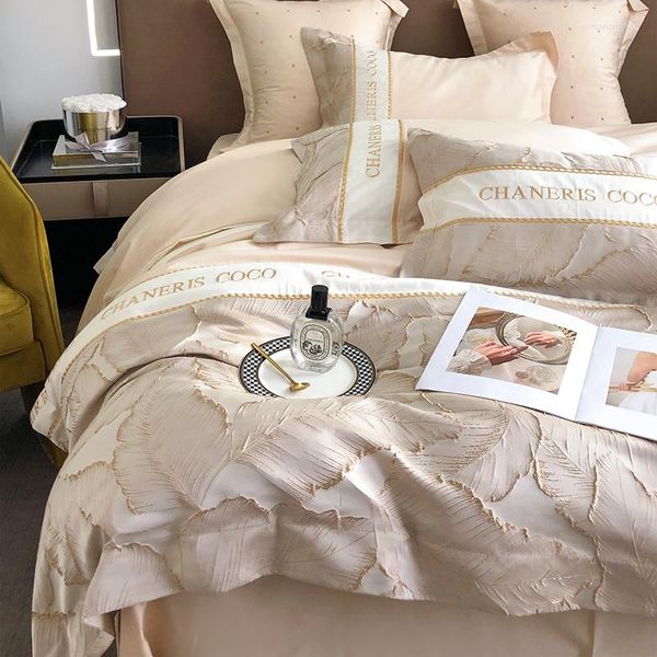 Set di biancheria da letto Foglie Jacquard Ricamo Patchwork 1000TC Cotone egiziano Set di lusso Copripiumino Copriletto Lenzuolo Federe