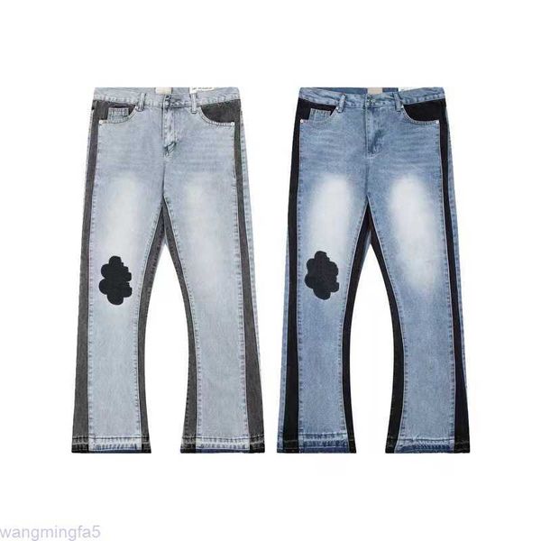 Kzlh Herren Trendige High Street Fashion Designer Jeans Blau Denim Schlaghose Hose Jugend Nieten Aufdruck Patch Weiß Jean Stickerei Jungen Kecks