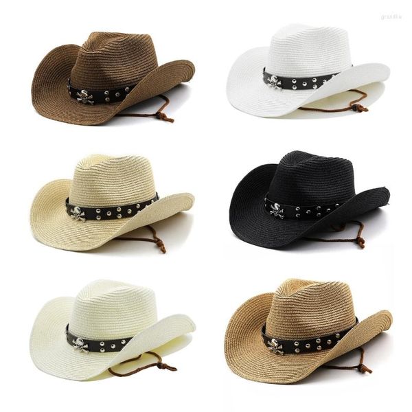 Berretti Cappello da cowboy unisex Teschio in metallo Decori Intreccio di paglia per protezione solare