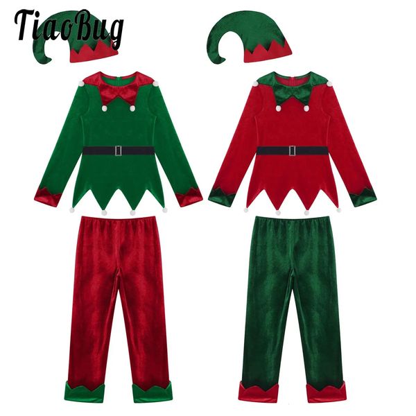 Комплекты одежды для мальчиков и девочек, Рождественский костюм эльфа Санта-Клауса, рождественская праздничная вечеринка, бархатные топы с длинными рукавами и брюки, шляпа с поясом, наряд эльфа, ролевая игра 231113