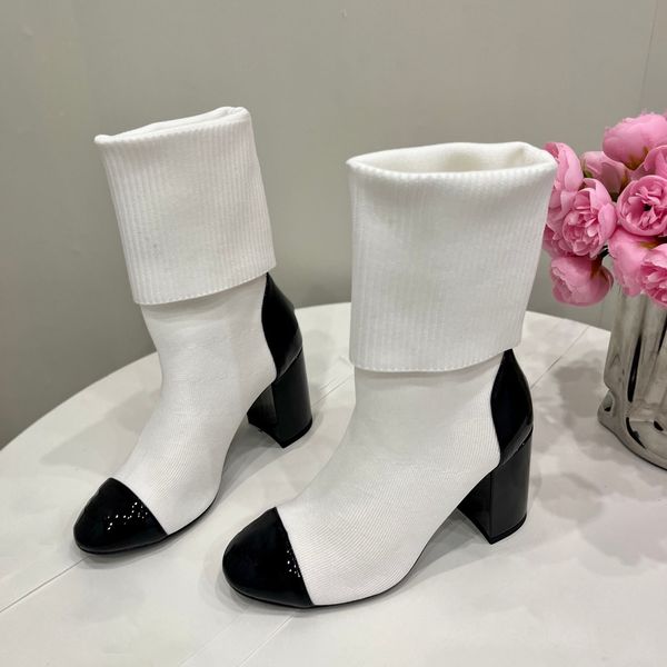 Nuovi stivali a calza grossa altezza tacco 8,5 cm stivali elastici in maglia Scarpe di lusso Stivali moda con suola in cuoio di design Scarpe di alta qualità numero di scarpe di fabbrica 35-41