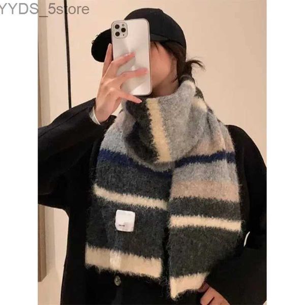 Lenços de pelúcia mohair listrado cachecol inverno mulheres elegante macio engrossado arco-íris de malha quente pescoço cachecóis vintage versátil shl yq231114