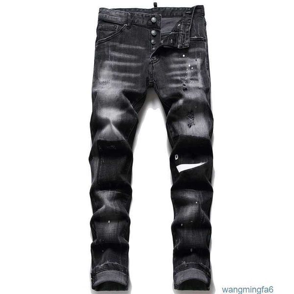 Jeans firmati neri da uomo Abbigliamento punk hip-hop Moda streetwear Distrutto Foro sfilacciato Pantaloni lunghi in denim elastici a vita media per fare jogging Tnfj