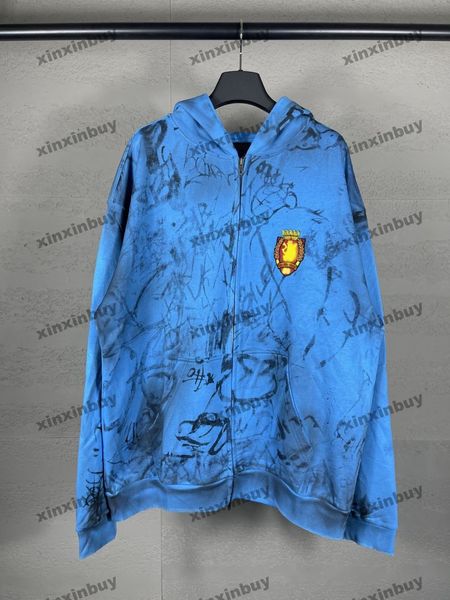 Xinxinbuy Homens Designer Moletom Com Capuz Destruído Carta Bordado Mão Desenhada Graffiti Manga Longa Mulheres Azul Preto Branco Cinza XS-L