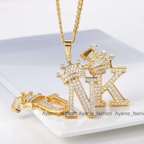 Zircão alfabeto pingente colares hip hop ouro prata coroa pingente corrente colar carta inicial para mulher