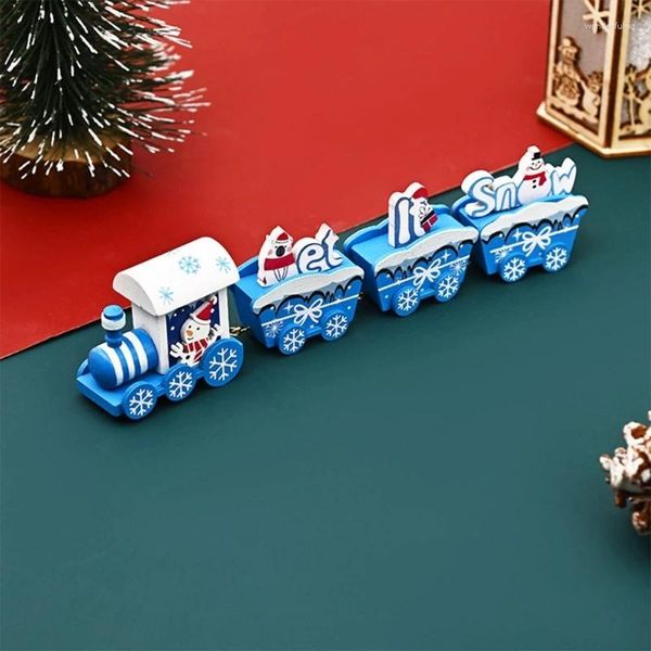 Estatuetas decorativas Natal azul trem ornamento 1 caixa bonecos de neve flocos de neve para decoração de festa de ano em casa