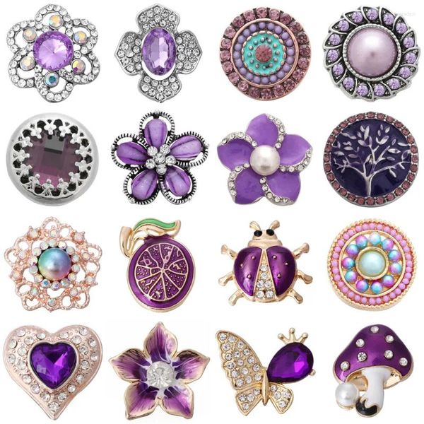 Braccialetti con ciondoli 5 pezzi/lotto Gioielli con bottoni a pressione Bottoni con fiori di strass viola Misura braccialetti da 18 mm Fai da te