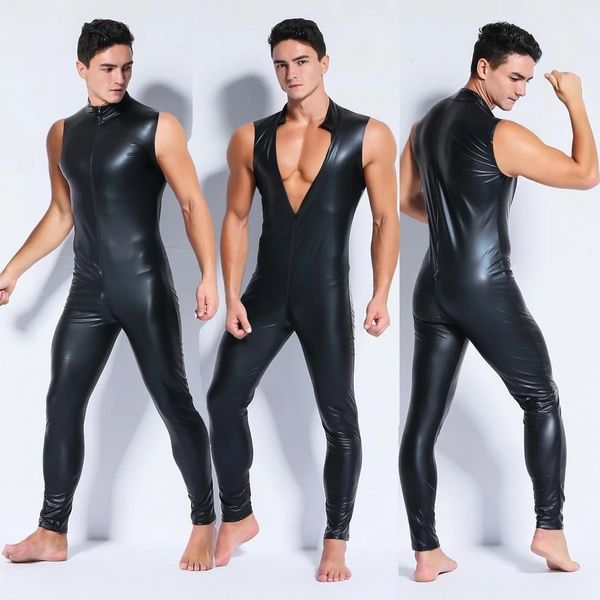 Catsuit kostümler Erkekler Seksi kolsuz sahte deri sıska bodysuit sıcak seksi açık kasık tayt katsuit zentai takım elbise erkek fetiş kostüm kulüp kıyafetleri