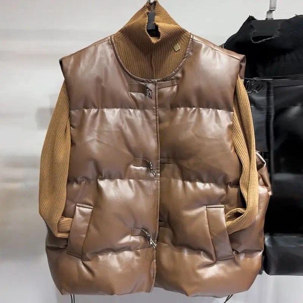 Gilet da donna Moda coreana Gilet oversize senza maniche Vintage O-Collo Cappotto rosa Giacca in pelle con bottoni chic Gilet femminile di tendenza