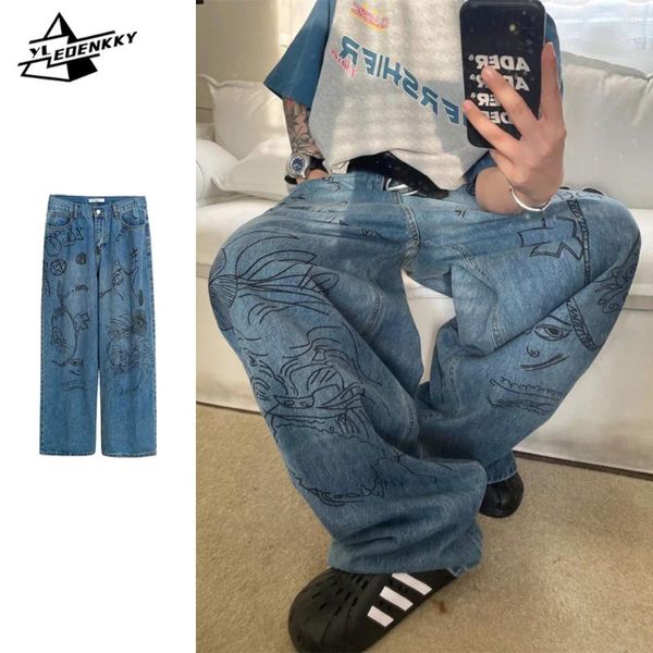 Jeans da uomo American Oversize Uomo Donna Street Graffiti Pantaloni a gamba larga in denim Pantaloni casual larghi a vita alta Hip-hop Retro Versatile