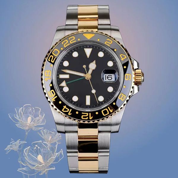 Relógio masculino de luxo designer relógio banda 8215 movimento gmt 40mm moldura de cerâmica preta safira relógio de negócios à prova d'água clássico aço inoxidável pulseira de ouro e prata