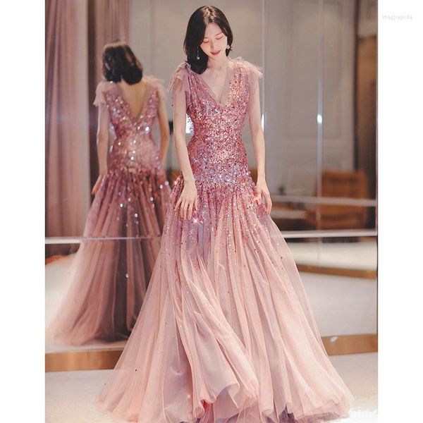 Ethnische Kleidung Frauen Pink Sparkly Exquisite Pailletten Abendkleid Elegant V-Ausschnitt Backless Formal Long Fishtail Vestidos