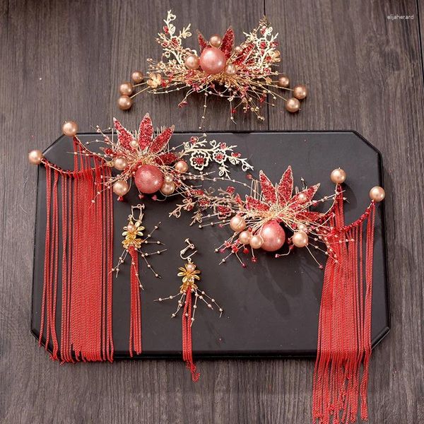 Grampos de cabelo estilo vermelho borlas fantasia tiara chinesa noiva cocar joias de casamento