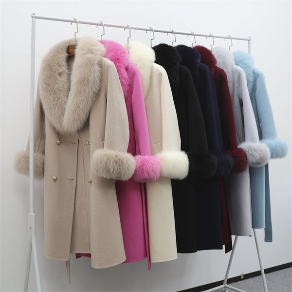 Damen-Trenchcoat aus Wollmischungen, Wollmantel mit echtem Pelzkragen, elegante zweireihige Winterjacke mit Gürtel für Damen 231113