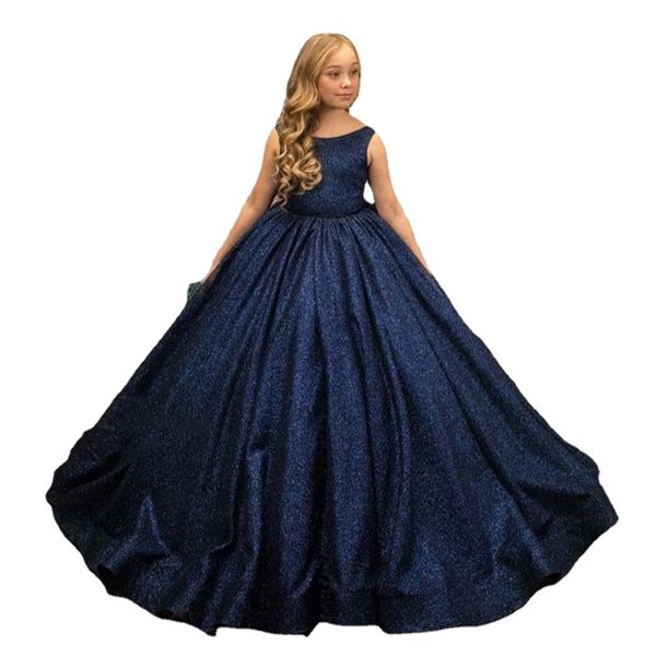 Sparkly Navy Blue Sleeveless Blumenmädchenkleider für Hochzeit Prinzessin Ballkleid Kinder Festzug Erstkommunion Kleider mit Schleife