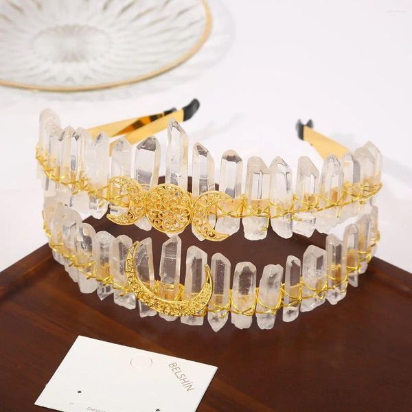 Saç klipleri doğal berrak kristal taç altın tiaras kuvars ay kafa bandı boho aksesuarları düğün gelin festivali cadı etkinlik hediyeleri