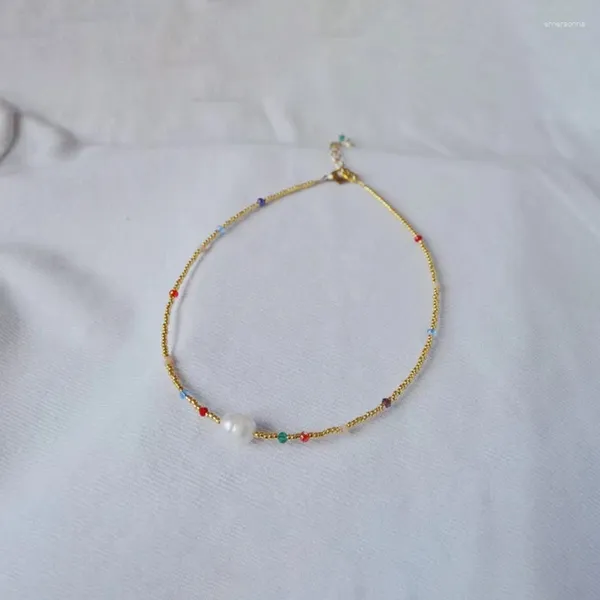 Girocollo Gioielli fatti a mano originali Collana corta con ciondolo di perle naturali in oro colorato con perle di riso per accessori moda da donna semplici