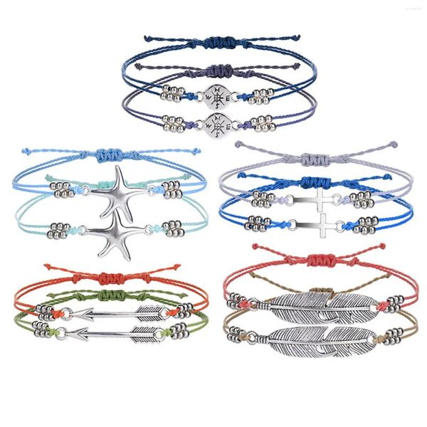 Charm-Armbänder Boho Bohemia Waved String Geflochtene Freundschaft für Frauen Antik Silber Farbe Feder Kreuz Charms verstellbar