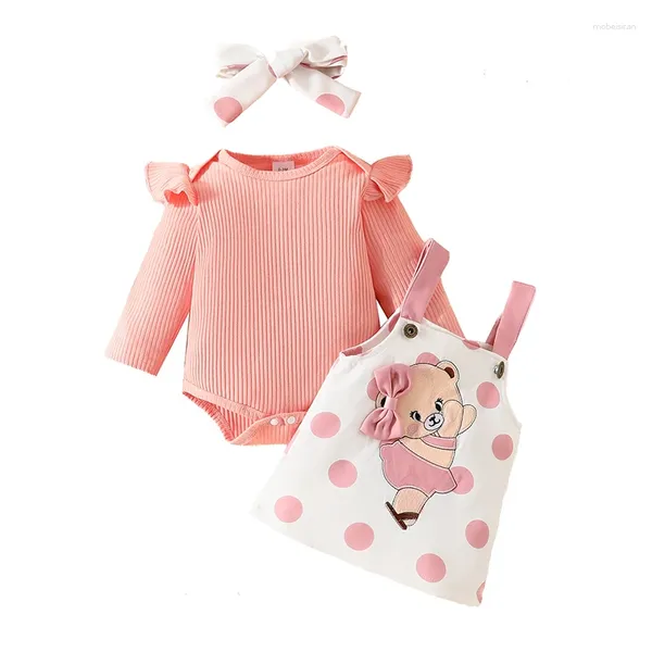 Giyim Setleri 3pcs Bebek Kız Çukur Stripe Uzun Kollu Bodysuit Üstler Geri Strap Karikatür Ayı Etek Takımları 0-18 Aylık Bebek Giysileri
