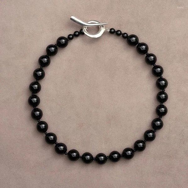 Catene Collana con perline a sfera in agata nera per donna Pietra Gioielli eleganti fatti a mano vintage Punk Cool