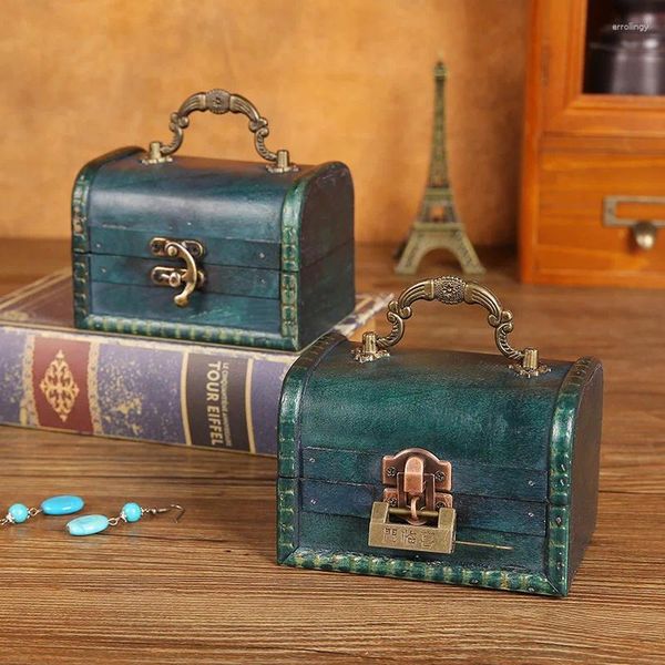 Bolsas de jóias armazenamento vintage caixa de madeira colar brincos combinação bloqueio adereços com alça