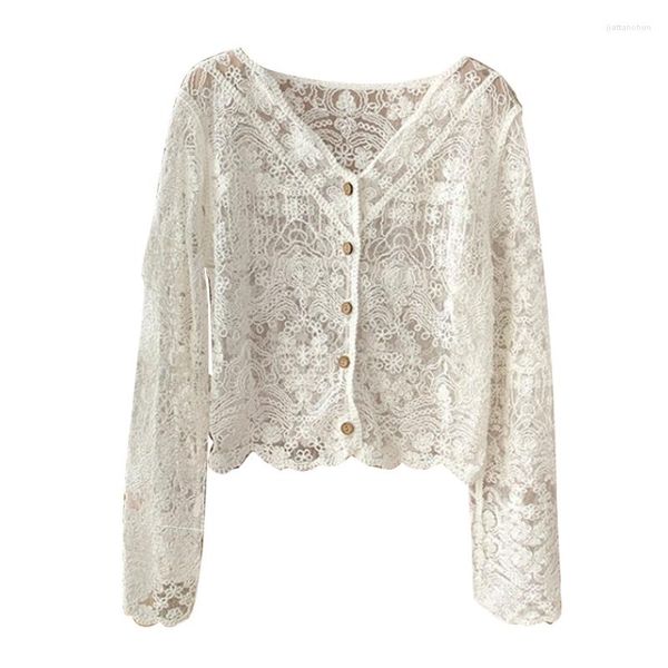 Damenblusen Damen Lace Flare Langarmbluse V-Ausschnitt Button-Down Cropped Cardigan Hollow Crochet Floral Durchsichtige Jacke Shirts