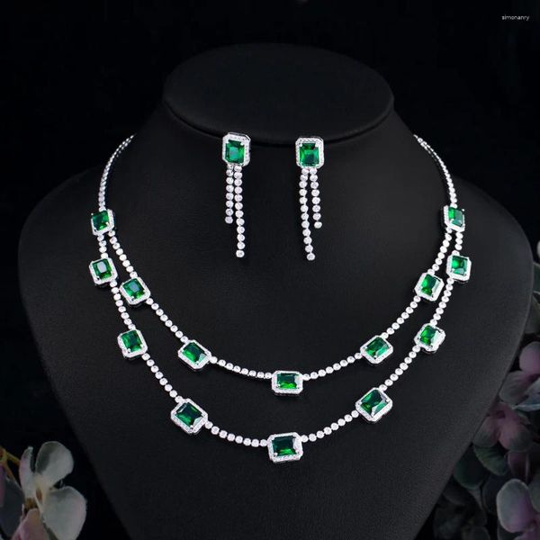 Collana orecchini set CWWZircons lusso quadrato verde zircone cubico doppio strato accessori per abito da sposa T736