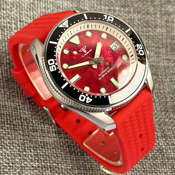 Relógios de pulso 200m resistente à água luxo tandorio 42.5mm sbdx001 mm300 red shell dial lume índice safira diver nh35 relógio mecânico masculino