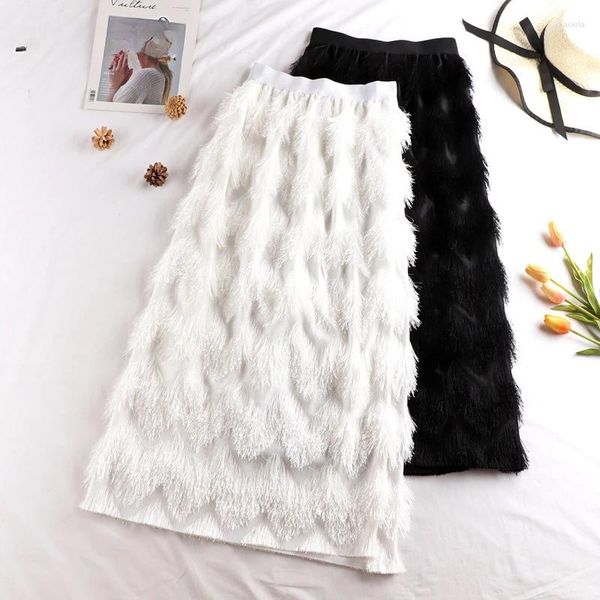 Saias Tassel Maxi Saia Mulheres Moda 2023 Coreano Casual Fringe Cintura Alta Reta Longa Feminina Senhoras Preto Branco Z396