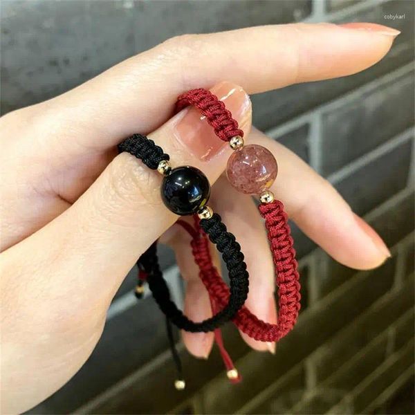 Bracciale in cristallo rosso fragola, corda intrecciata a mano, regalo, perline portafortuna, ossidiana, coppia di gioielli da donna