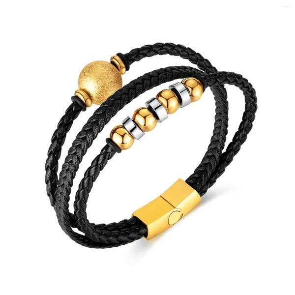 Braccialetti a maglie Bracciale con perline in acciaio inossidabile per uomo Donna Corda in pelle intrecciata multistrato Hip Hop Moda Regali NATALE 8mm 8,26 pollici