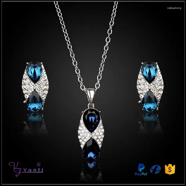 Colar brincos conjunto de jóias cor prata feminino presente venda carreira sytle azul pedra cristal pingente colares