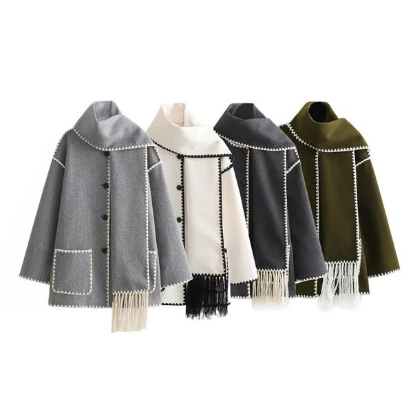 Misto lana da donna Zach Ailsa Abbigliamento autunno-inverno Piccolo vento profumato Contrasto colore Bordo Sciarpa Decorazione Cappotto di lana sciolto 231114