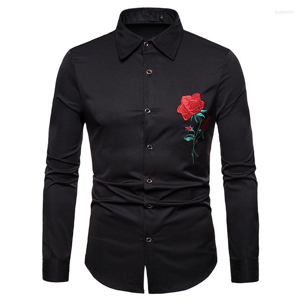 Herren Freizeithemden Herren Rose Stickerei Design Slim Fit Langarm Button-Down-Kleid Party Business Social Shirt Herren Camisas Hombre