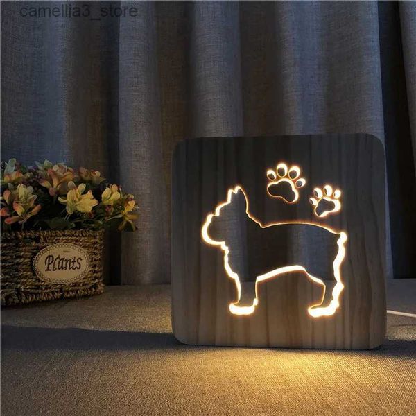 Ночные огни 3D Лампа для французского бульдога USB Night LED Деревянная лампа для собаки Украшение детской комнаты Теплый белый День отца Праздничный подарок Прямая поставка Q231114