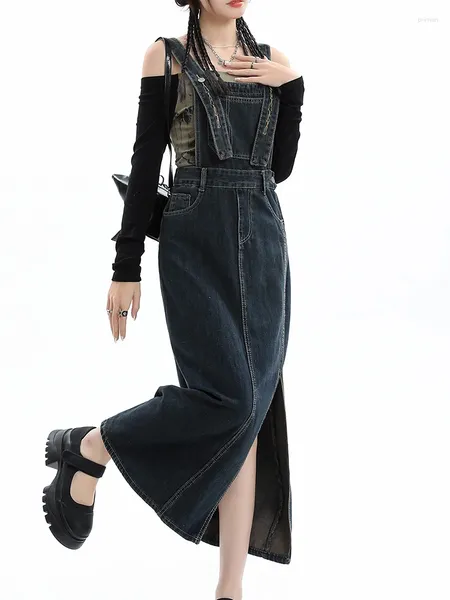 Rokken Vintage Vrouwen Lange Denim Overalls Spaghetti Losse Casual Mode Zijsplit Jumpsuits Rok 2024 Trendy