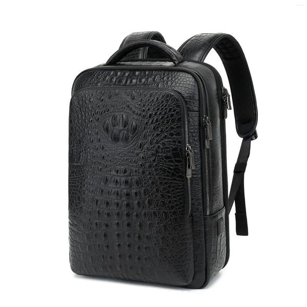 Mochila 2023 Luxo Jacaré Marca Real Genuíno Couro Homens Mochilas Estudante Menino 15.6 Polegada Computador Laptop Bag