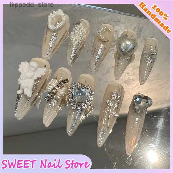 Unhas Postiças 10 Pcs Amêndoa Unhas Falsas Brilhantes Dourado Flash Diamante Stiletto Unhas Postiças Destacável Oval Cobertura Completa Imprensa em Unhas Dicas Manicure Q231114