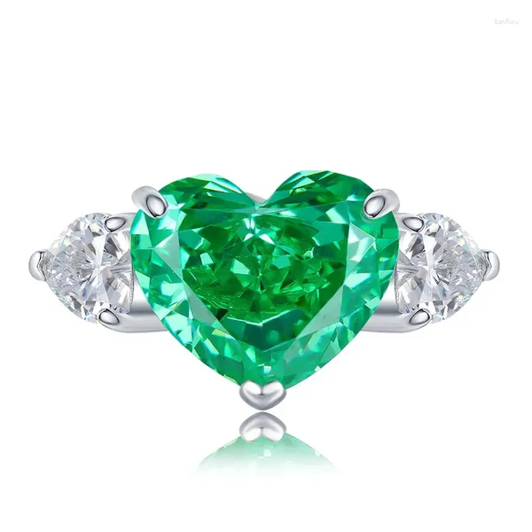 Anelli a grappolo Anello con diamante ad alto tenore di carbonio Corpo intero in argento 925 intarsiato 10 12 Fiore verde smeraldo taglio a forma di cuore da donna