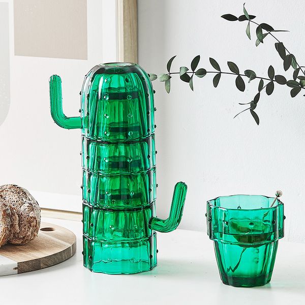 Bicchieri Nordic Cactus Tazza di vetro Tazza per acqua domestica Set Bicchiere impilabile verde Con confezione regalo Tazze regalo 230413