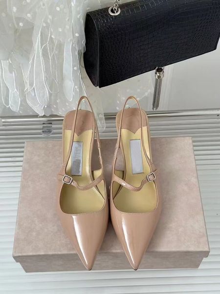 Sandali con fibbia a tacco basso di alta qualità, scarpe basse a punta in pelle brevettate Mary Jane, scarpe formali, cinturini da donna, scatola originale 35-40
