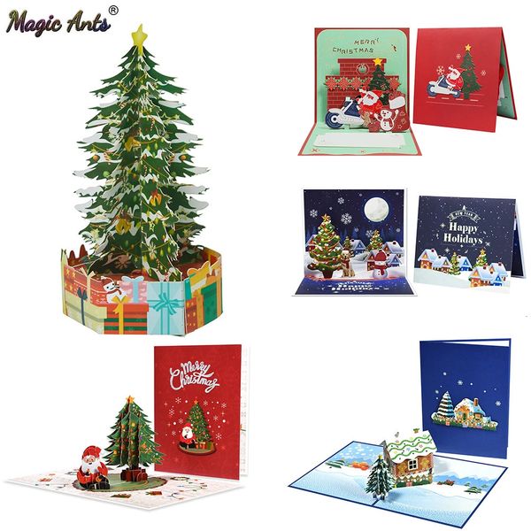 Biglietti d'auguri Cartoline di buon Natale Albero di Natale Regalo invernale Carte pop-up Adesivi decorativi natalizi Biglietti d'auguri annuali tagliati al laser 231113