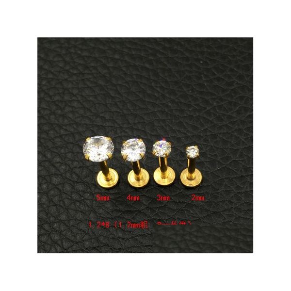 Labret Lippenpiercing-Schmuck, Kristall-Cz-Edelstein-Ohrstecker, Gold, Labret-Tragus-Ohrringe, 316L-Edelstahl, Zirkon-Nagel, medizinische Nägel, rund, 2 m, Dh47C