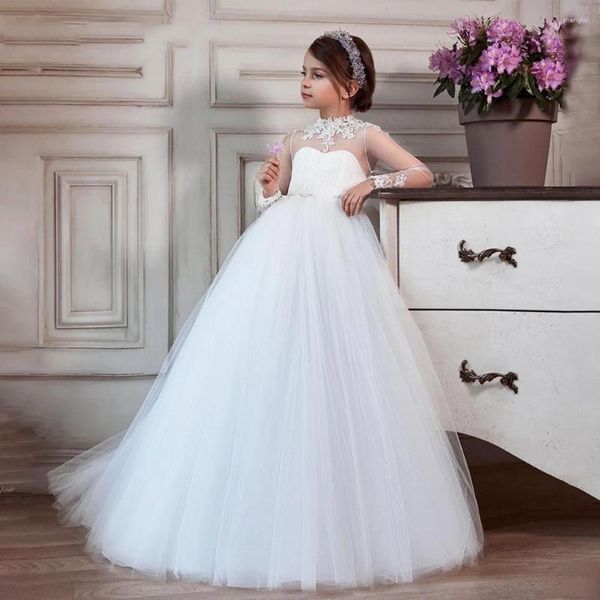 Abiti da ragazza Abito bianco in tulle gonfio a fiori per abito da ballo per prima comunione con applicazioni in pizzo a maniche lunghe da sposa Principessa per bambini Festa di compleanno